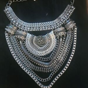 ovisa Bib Necklace Silver Tone Diamanté Brutalist Statement Costume Jewellery